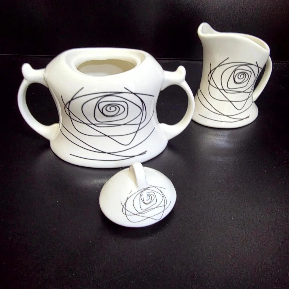 Modern Ceramic Sugar Bowl & Creamer Set White Black Rose Swirl Spiral Art Deco